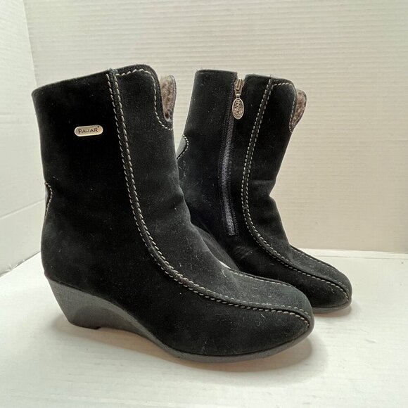 Pajar Wedge Suede Ankle Boots Black Contrast Stitch Shearling Lined Zipper 8.5